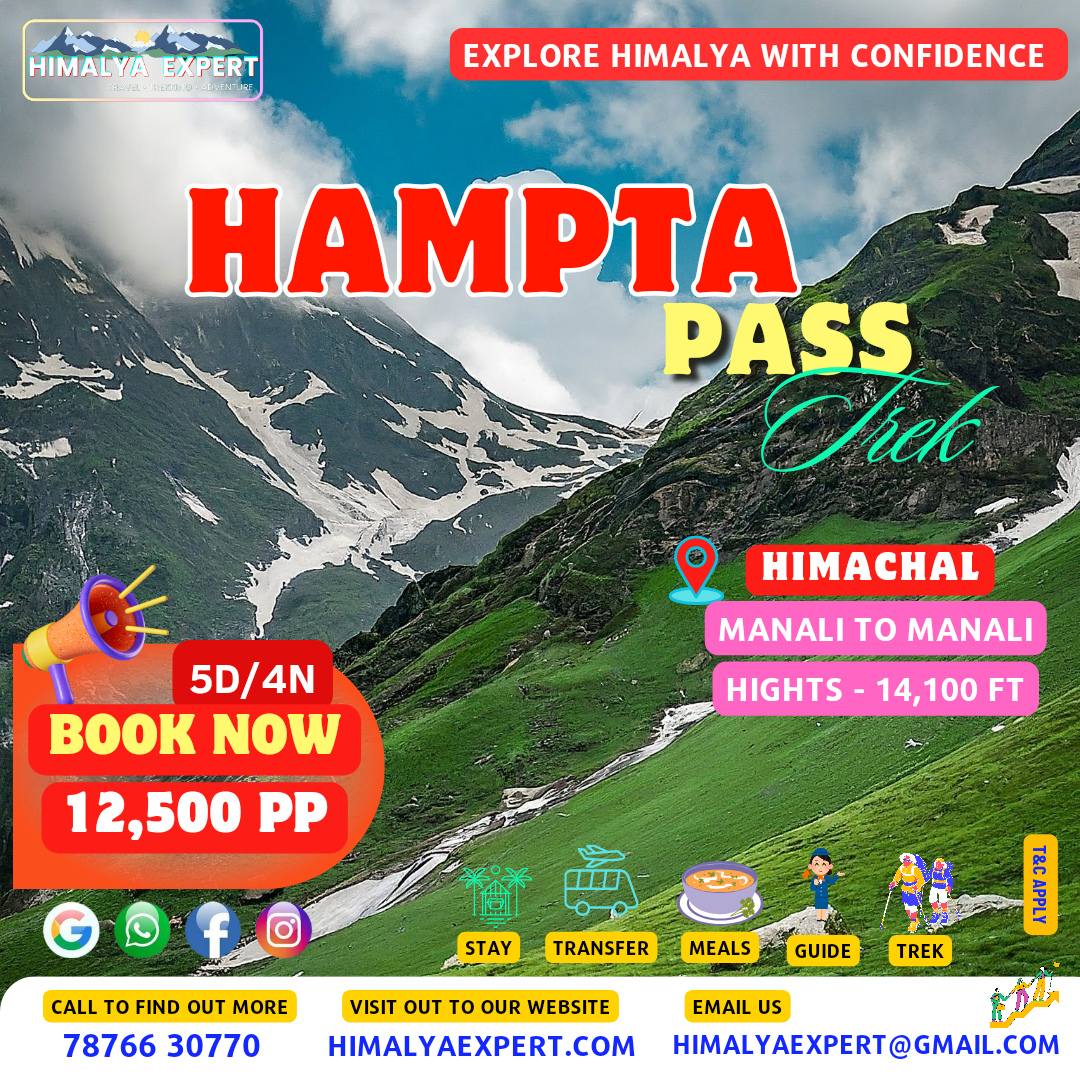 Alt text for "Hampta Pass Trek": * Photograph of the Hampta Pass Trek, a scenic mountain trail in the Himalayas, offering views of meadows, glaciers, and the Pir Panjal range.